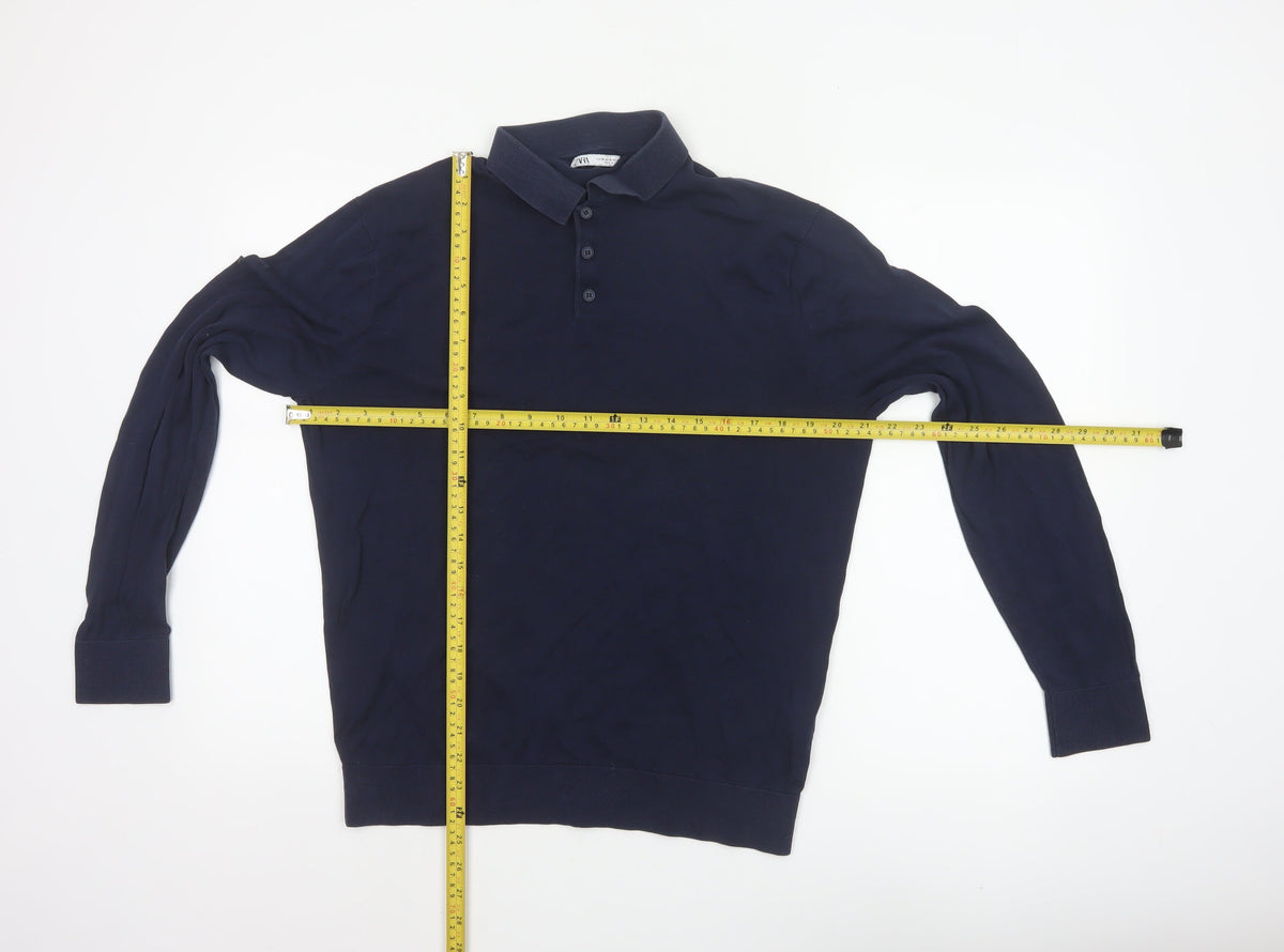 Zara Men’s Blue M Cotton Silk Long Sleeve Knitted Polo Shirt