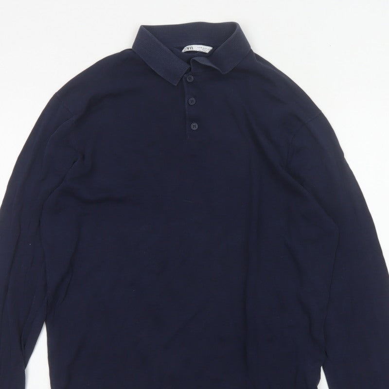 Zara Men’s Blue M Cotton Silk Long Sleeve Knitted Polo Shirt