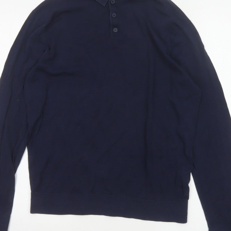Zara Men’s Blue M Cotton Silk Long Sleeve Knitted Polo Shirt