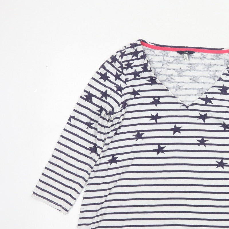 Joules Women Blue White Star Stripe V-Neck 3/4 Sleeve T-Shirt UK 12