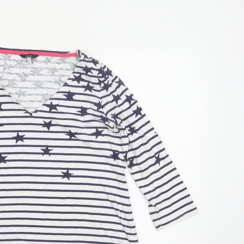 Joules Women Blue White Star Stripe V-Neck 3/4 Sleeve T-Shirt UK 12