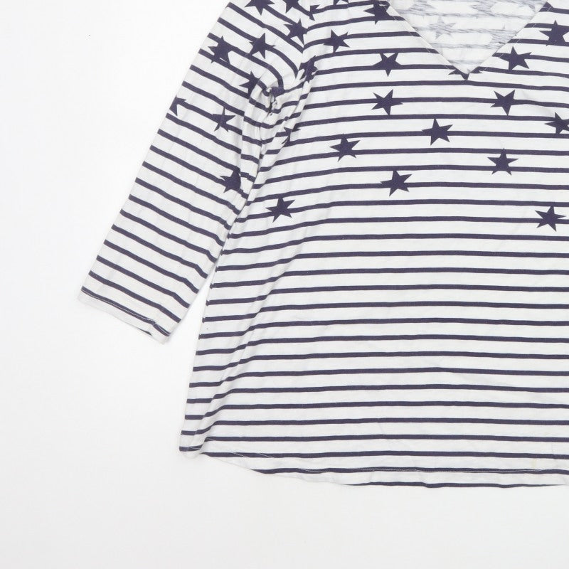 Joules Women Blue White Star Stripe V-Neck 3/4 Sleeve T-Shirt UK 12