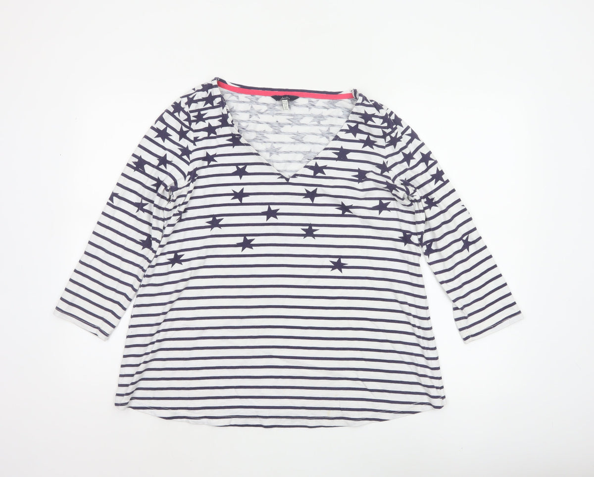 Joules Women Blue White Star Stripe V-Neck 3/4 Sleeve T-Shirt UK 12