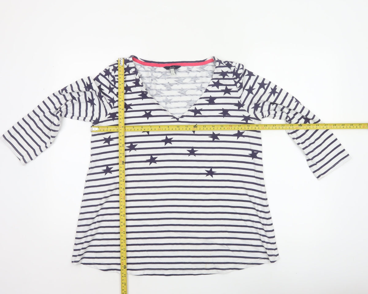 Joules Women Blue White Star Stripe V-Neck 3/4 Sleeve T-Shirt UK 12