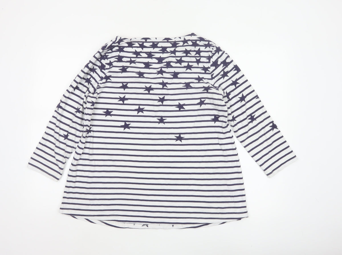 Joules Women Blue White Star Stripe V-Neck 3/4 Sleeve T-Shirt UK 12