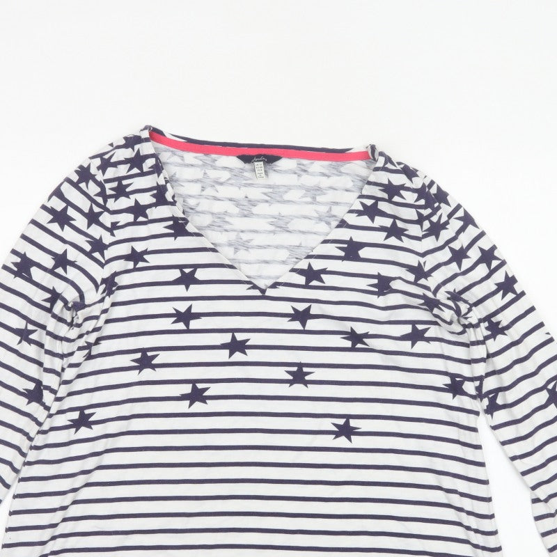 Joules Women Blue White Star Stripe V-Neck 3/4 Sleeve T-Shirt UK 12