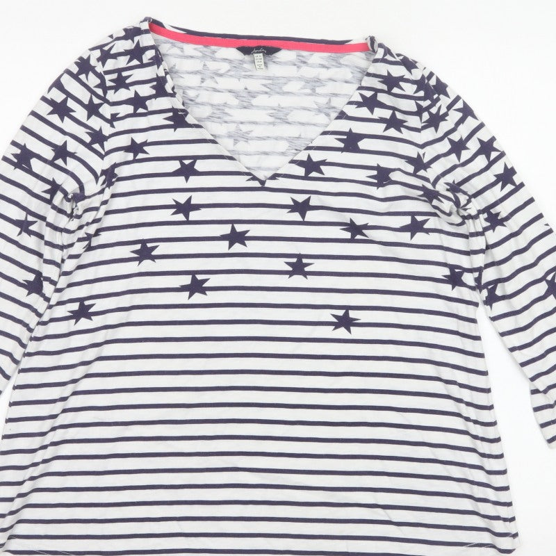 Joules Women Blue White Star Stripe V-Neck 3/4 Sleeve T-Shirt UK 12