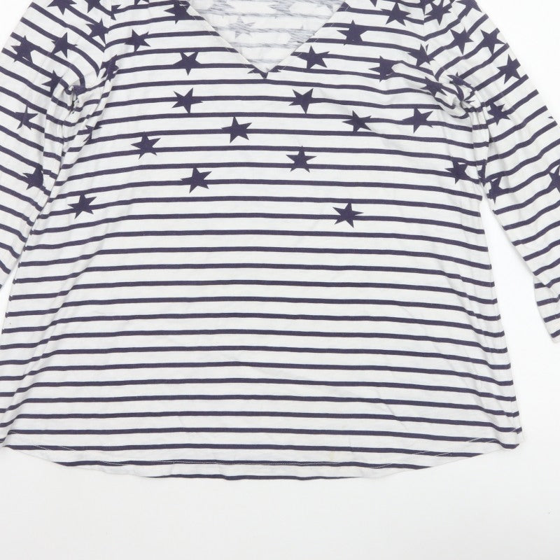 Joules Women Blue White Star Stripe V-Neck 3/4 Sleeve T-Shirt UK 12