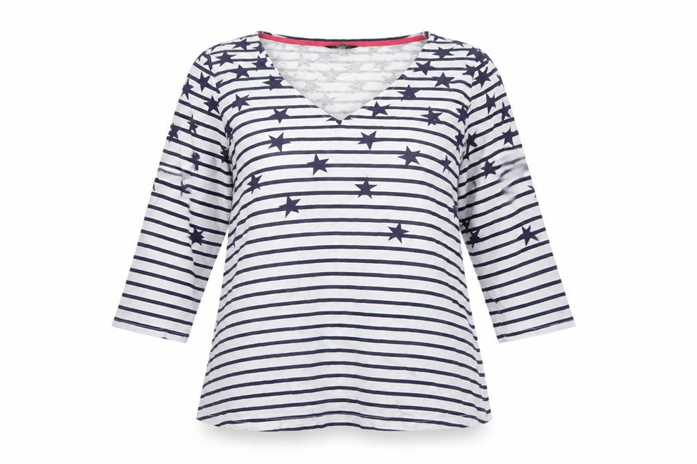 Joules Women Blue White Star Stripe V-Neck 3/4 Sleeve T-Shirt UK 12