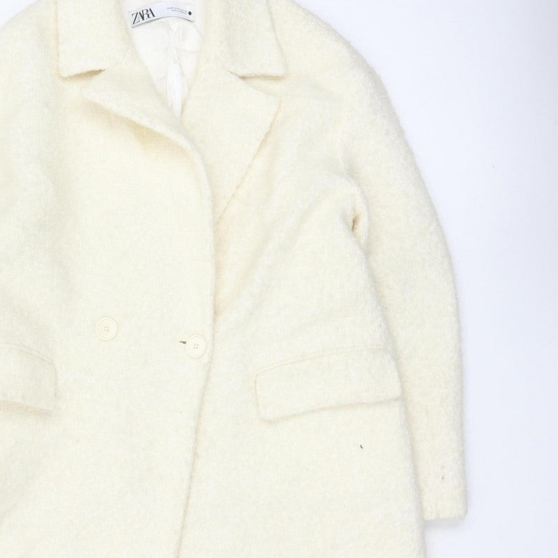 Zara Women Ivory XS Wool Blend Long Double Breasted Overcoat