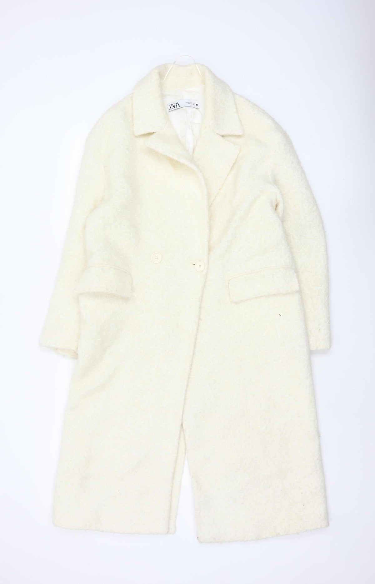 Zara Women Ivory XS Wool Blend Long Double Breasted Overcoat