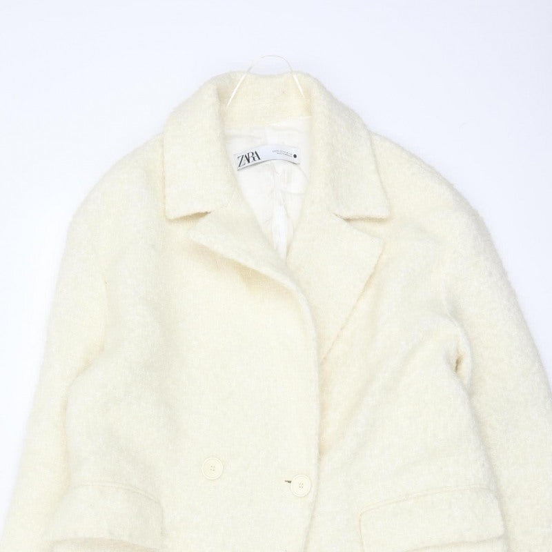 Zara Women Ivory XS Wool Blend Long Double Breasted Overcoat