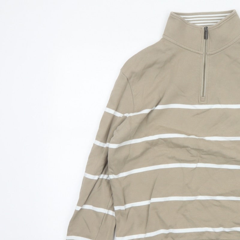 Marks & Spencer Men's Beige M Striped 1/4 Zip Pullover Sweatshirt