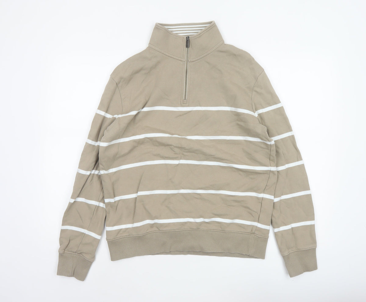 Marks & Spencer Men's Beige M Striped 1/4 Zip Pullover Sweatshirt