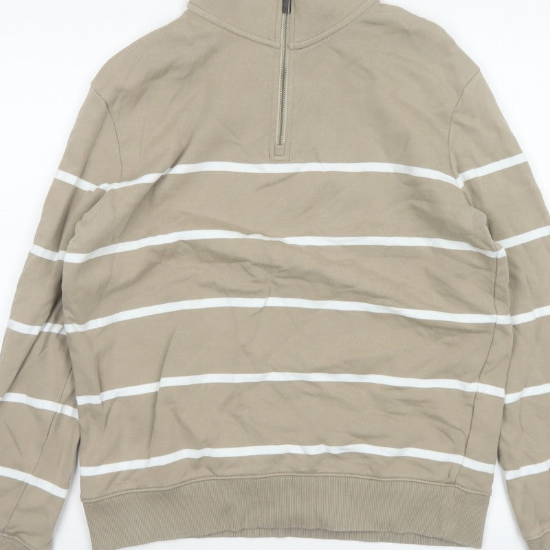 Marks & Spencer Men's Beige M Striped 1/4 Zip Pullover Sweatshirt
