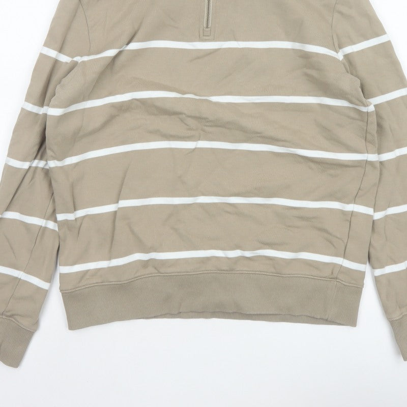 Marks & Spencer Men's Beige M Striped 1/4 Zip Pullover Sweatshirt