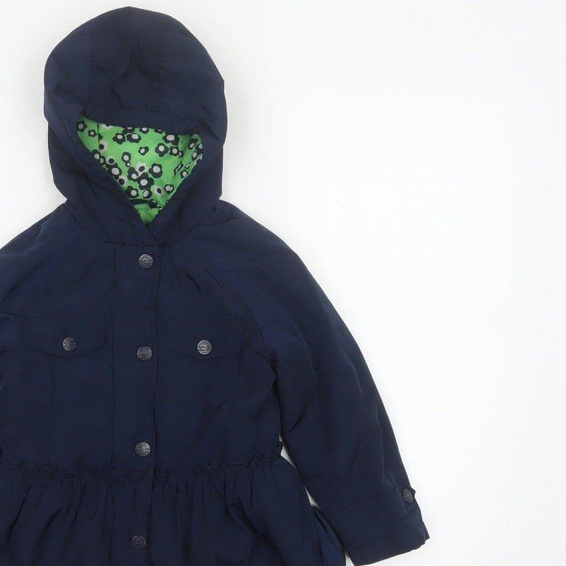 Next Girls Blue Hooded Button Coat 5 Years Floral Lining