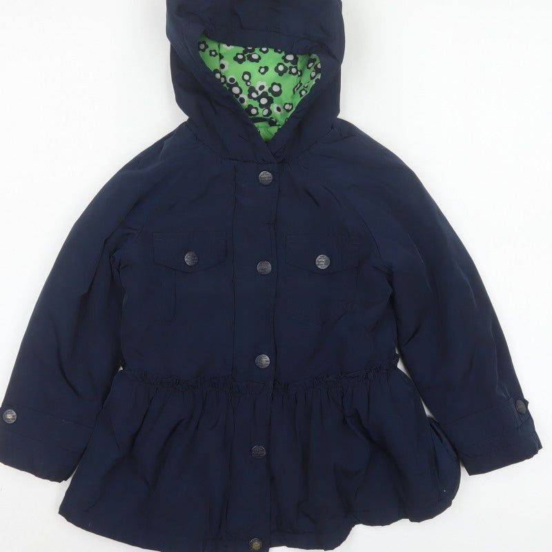 Next Girls Blue Hooded Button Coat 5 Years Floral Lining
