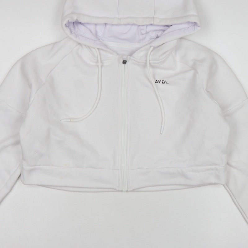 AYBL Women White Large Full Zip Hooded Cropped Hoodie Cotton Blend