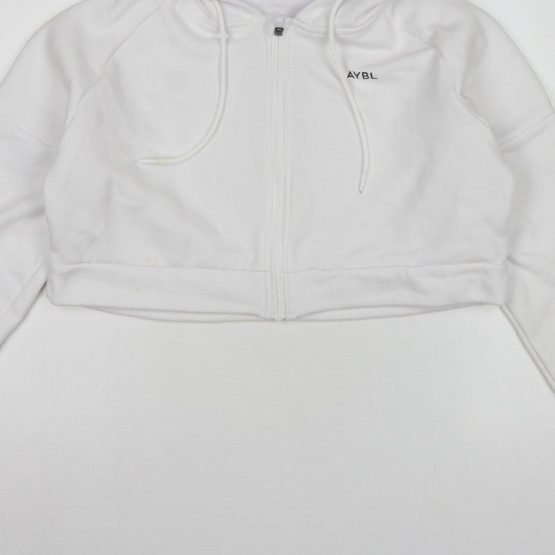 AYBL Women White Large Full Zip Hooded Cropped Hoodie Cotton Blend