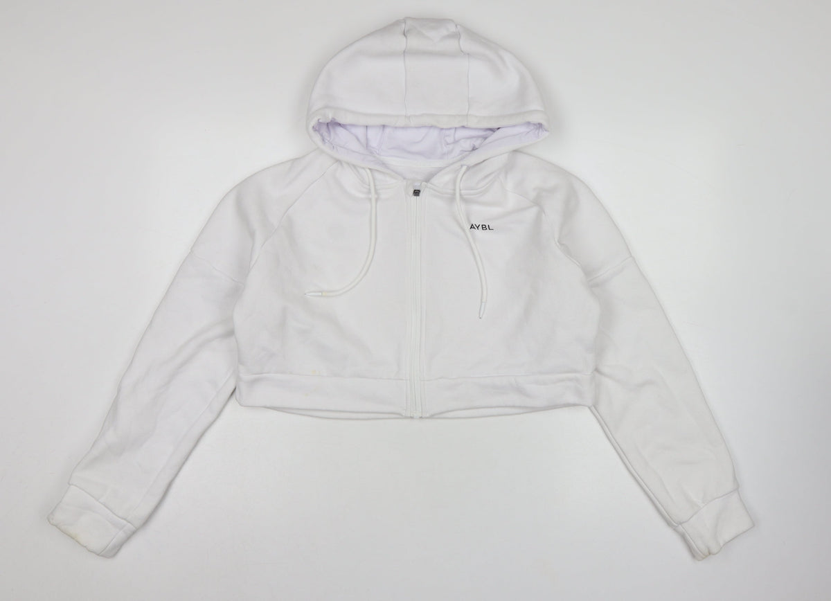 AYBL Women White Large Full Zip Hooded Cropped Hoodie Cotton Blend