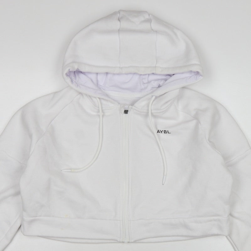 AYBL Women White Large Full Zip Hooded Cropped Hoodie Cotton Blend