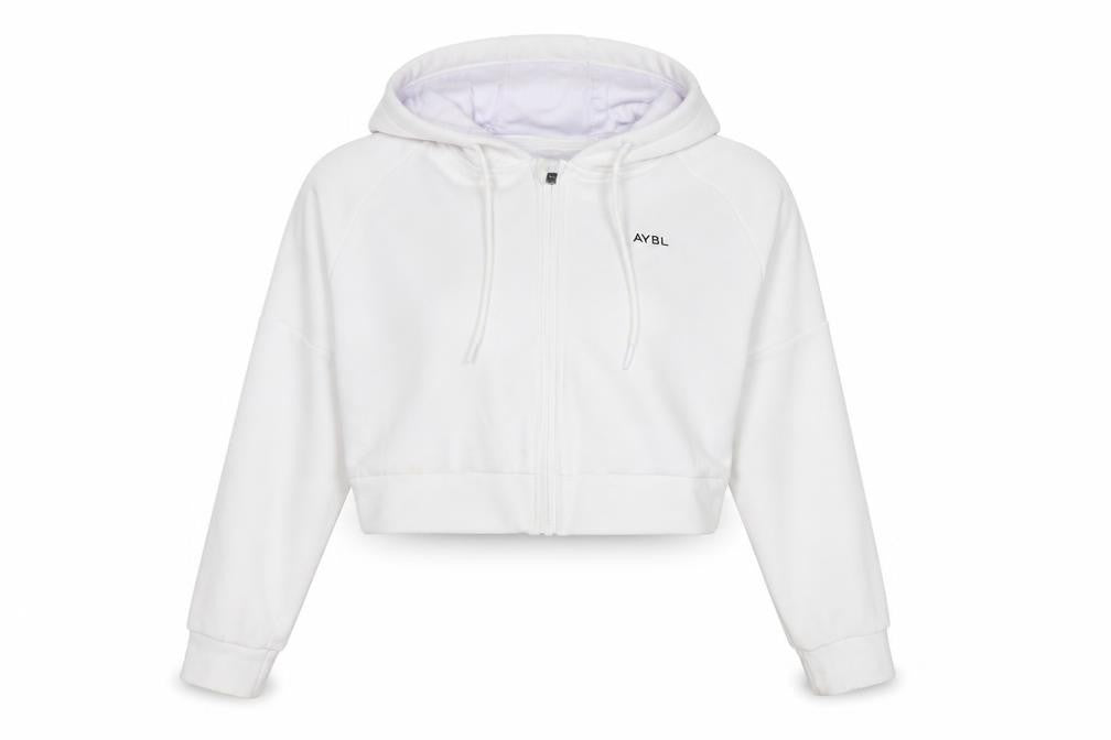 AYBL Women White Large Full Zip Hooded Cropped Hoodie Cotton Blend