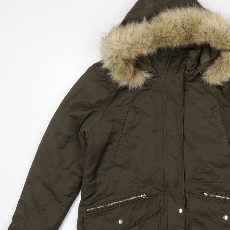 Pull&Bear Women’s Khaki L Parka Faux Fur Hood Padded Winter Coat