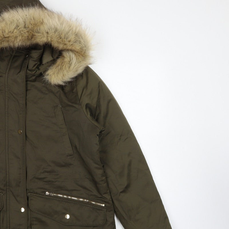 Pull&Bear Women’s Khaki L Parka Faux Fur Hood Padded Winter Coat