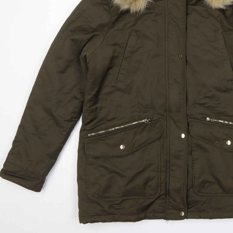 Pull&Bear Women’s Khaki L Parka Faux Fur Hood Padded Winter Coat