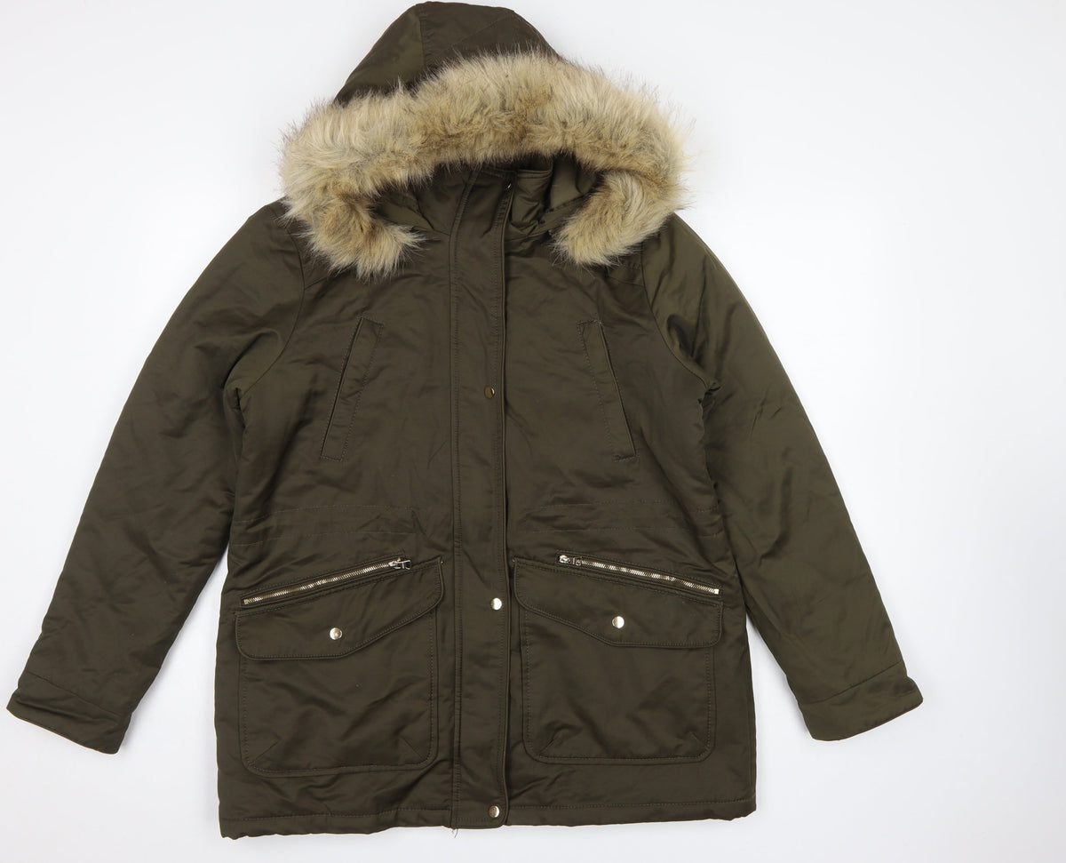 Pull&Bear Women’s Khaki L Parka Faux Fur Hood Padded Winter Coat