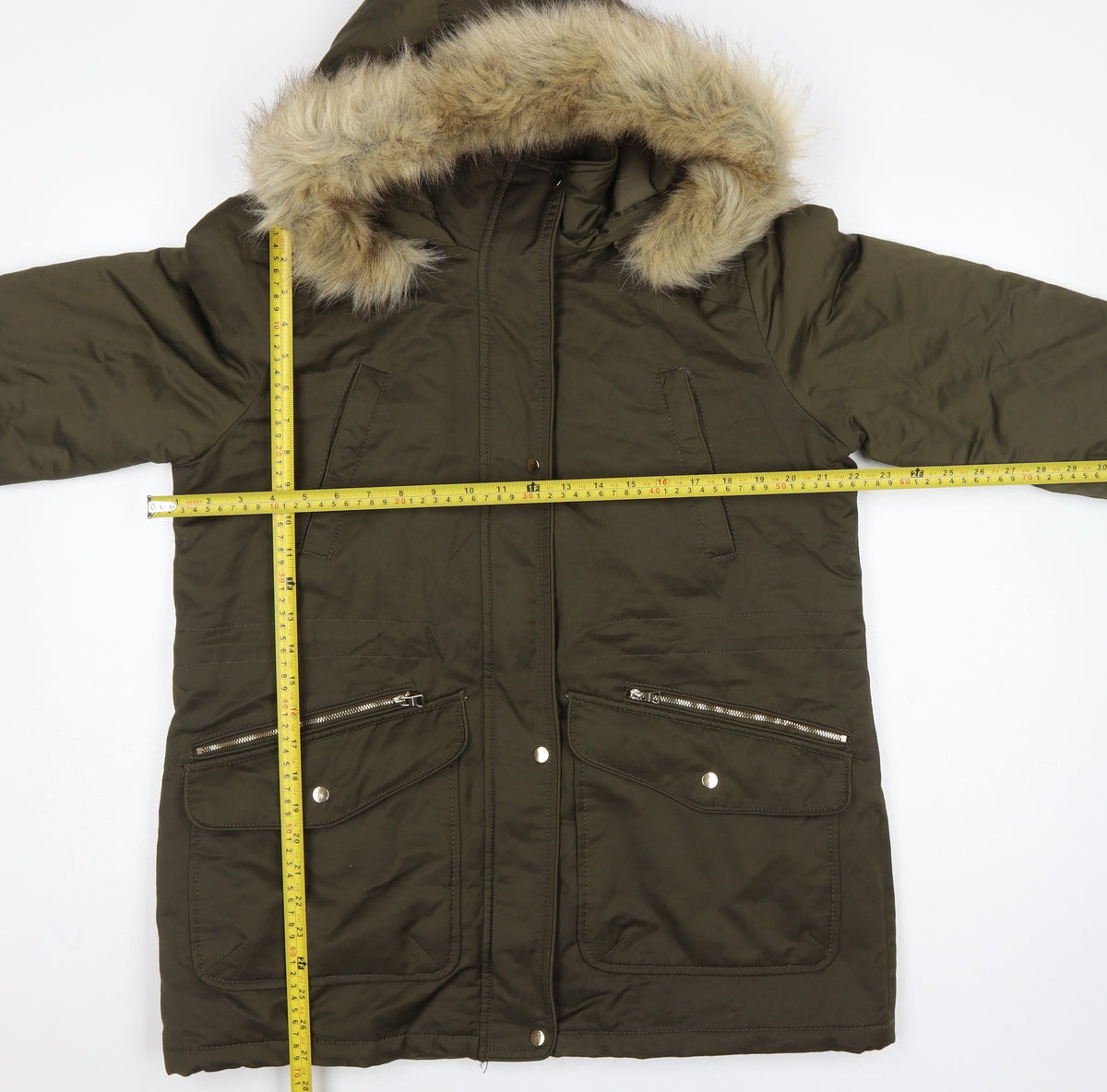 Pull&Bear Women’s Khaki L Parka Faux Fur Hood Padded Winter Coat