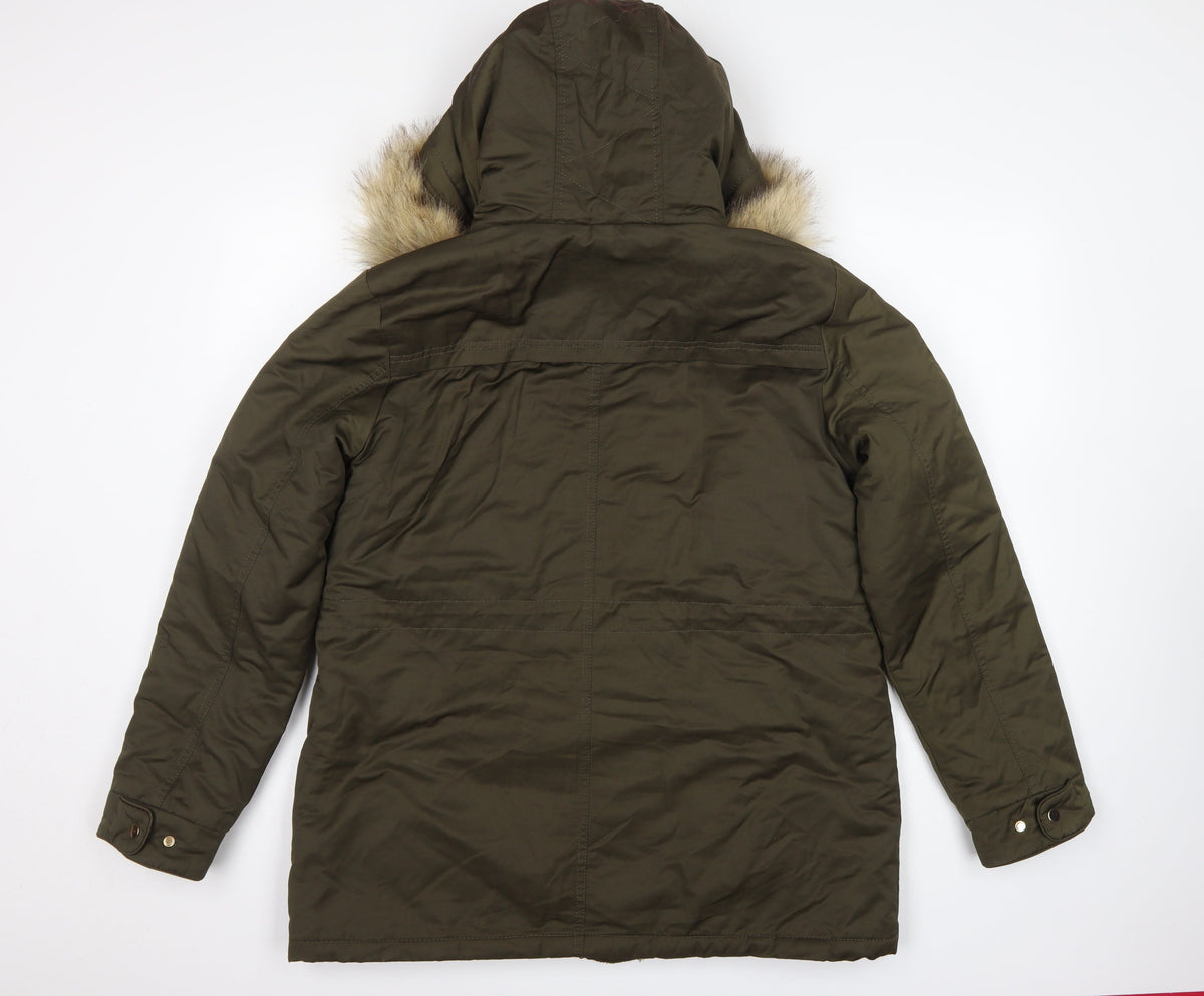Pull&Bear Women’s Khaki L Parka Faux Fur Hood Padded Winter Coat