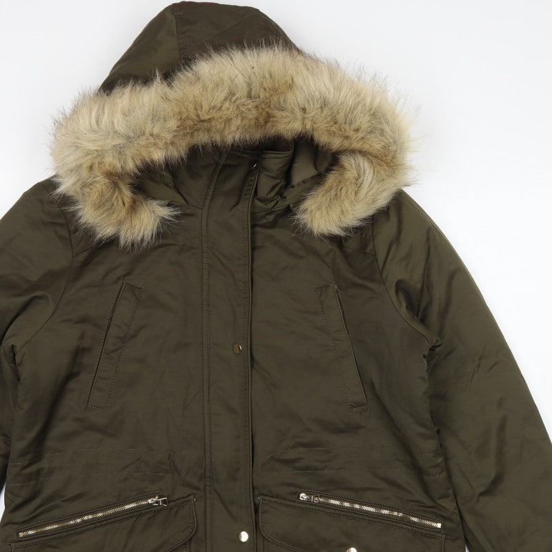 Pull&Bear Women’s Khaki L Parka Faux Fur Hood Padded Winter Coat