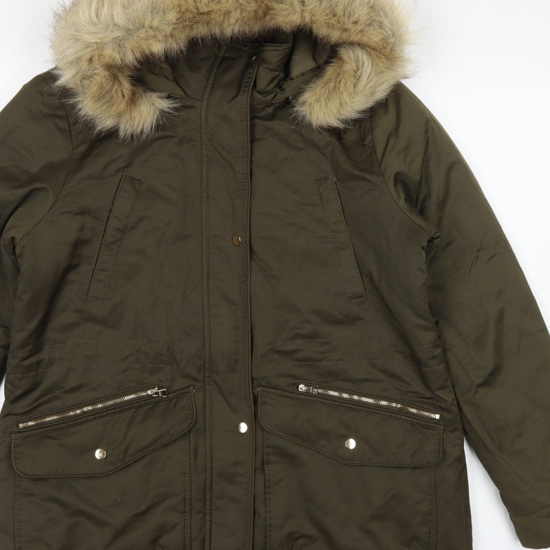 Pull&Bear Women’s Khaki L Parka Faux Fur Hood Padded Winter Coat