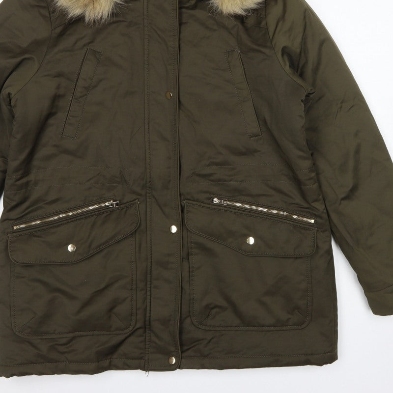 Pull&Bear Women’s Khaki L Parka Faux Fur Hood Padded Winter Coat