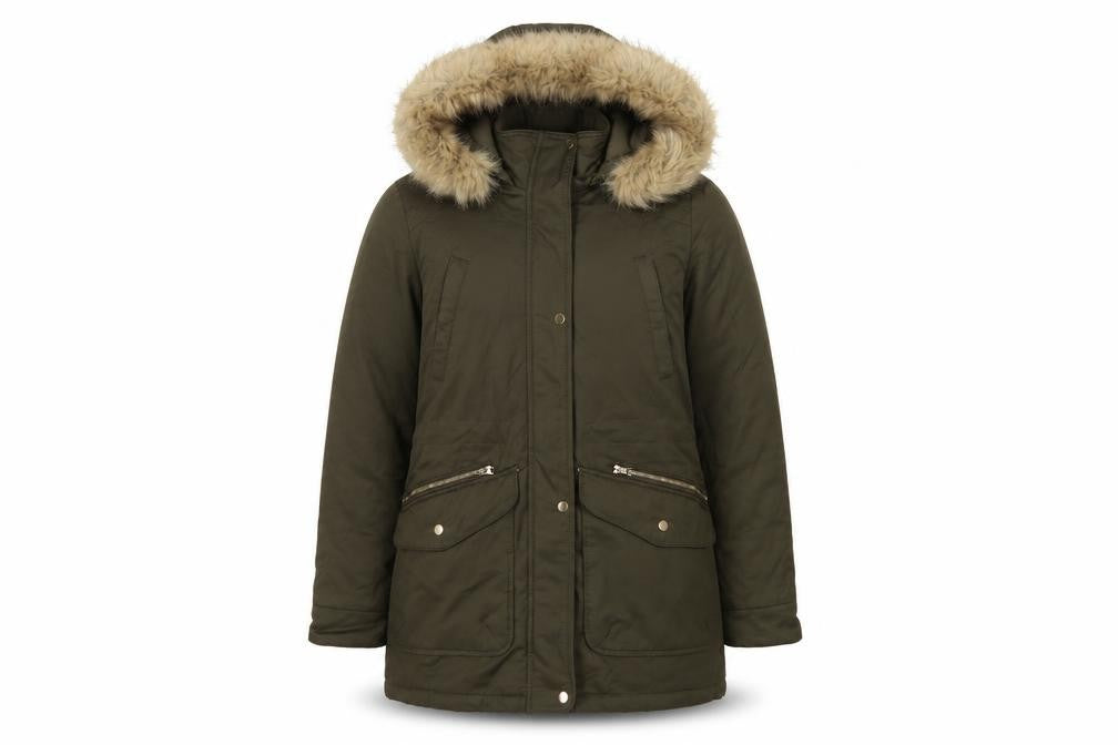 Pull&Bear Women’s Khaki L Parka Faux Fur Hood Padded Winter Coat