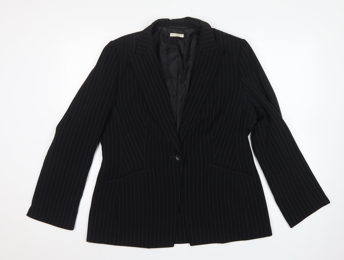 Planet Women Black Pinstripe Blazer UK 16 Tailored Lined Work Jacket