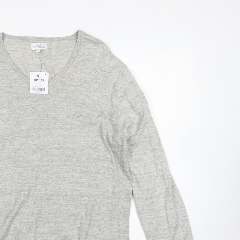 Next Men’s Grey Large V-Neck Fine Knit Cotton Blend Pullover Jumper