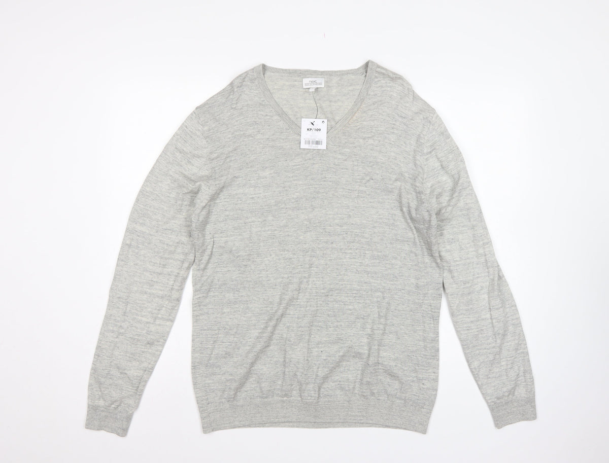 Next Men’s Grey Large V-Neck Fine Knit Cotton Blend Pullover Jumper