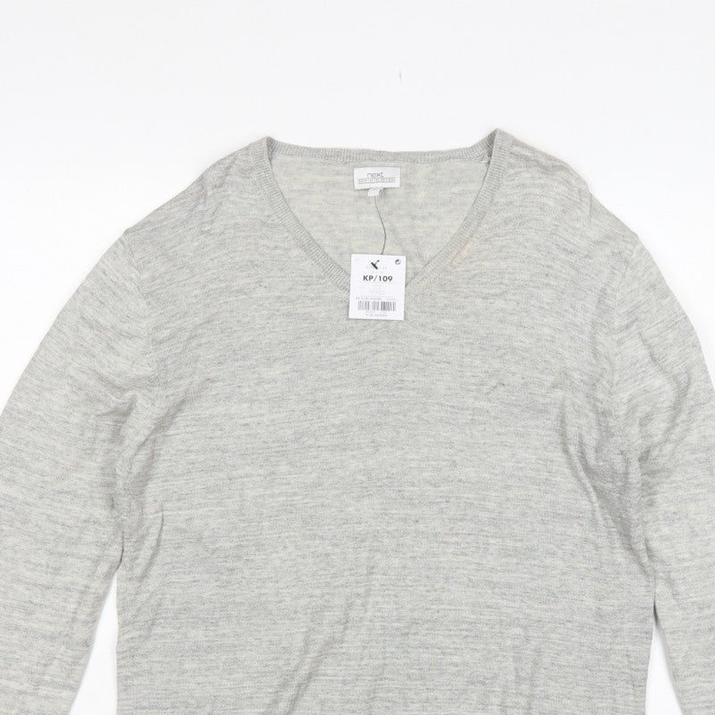 Next Men’s Grey Large V-Neck Fine Knit Cotton Blend Pullover Jumper