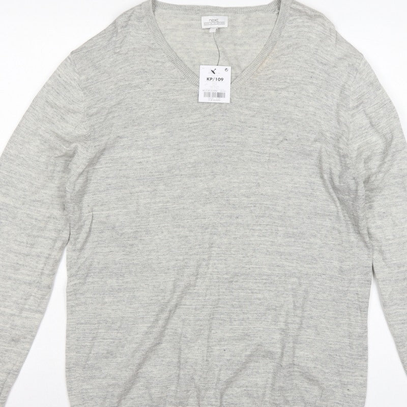 Next Men’s Grey Large V-Neck Fine Knit Cotton Blend Pullover Jumper