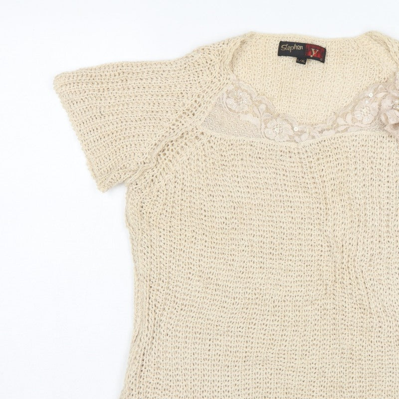 Stephan V Women’s Beige XL V-Neck Beaded Open-Knit Jumper