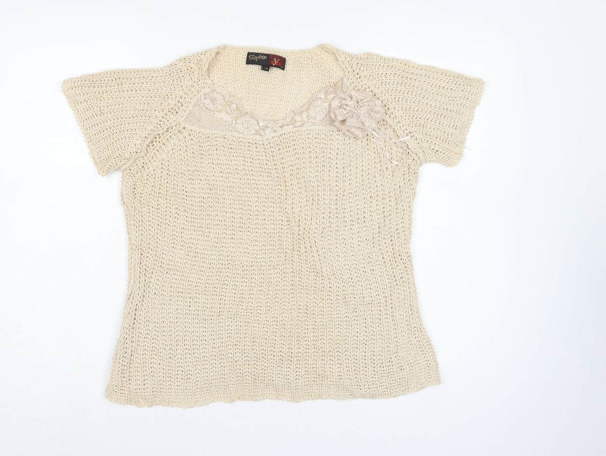 Stephan V Women’s Beige XL V-Neck Beaded Open-Knit Jumper