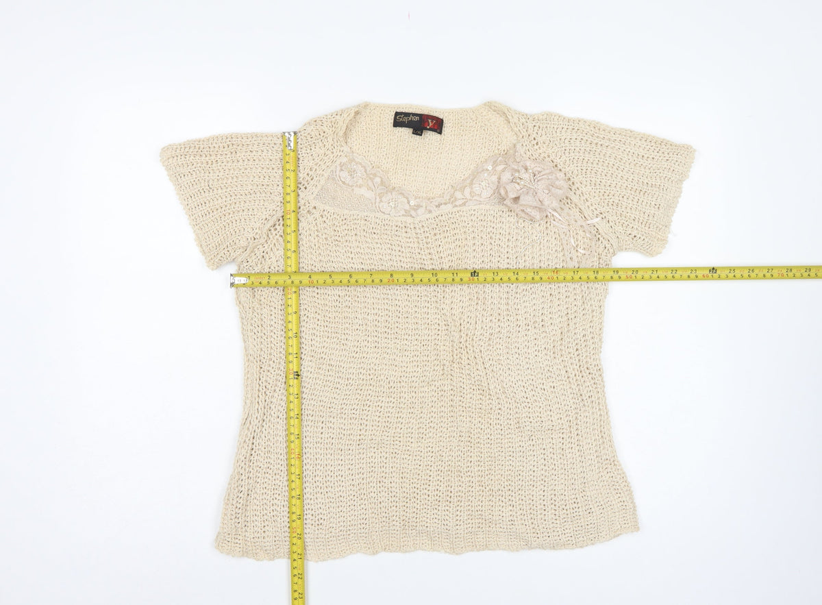 Stephan V Women’s Beige XL V-Neck Beaded Open-Knit Jumper