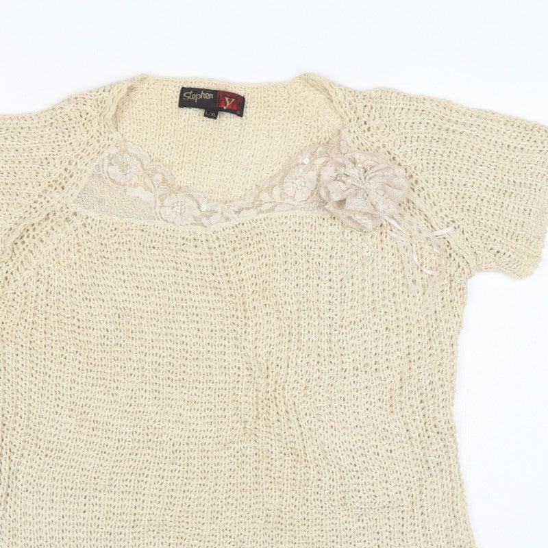 Stephan V Women’s Beige XL V-Neck Beaded Open-Knit Jumper
