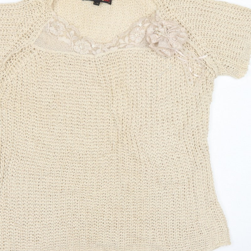 Stephan V Women’s Beige XL V-Neck Beaded Open-Knit Jumper