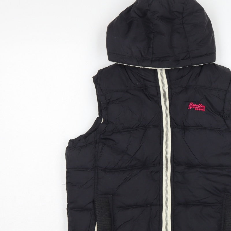 Superdry Women Black M Hooded Padded Puffer Waistcoat Gilet