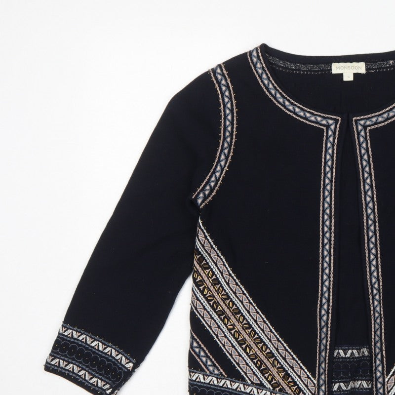 Monsoon Women Black Aztec Embroidered Open Cardigan Size S