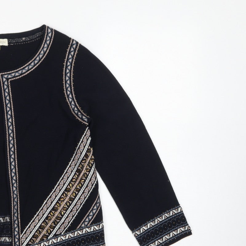 Monsoon Women Black Aztec Embroidered Open Cardigan Size S
